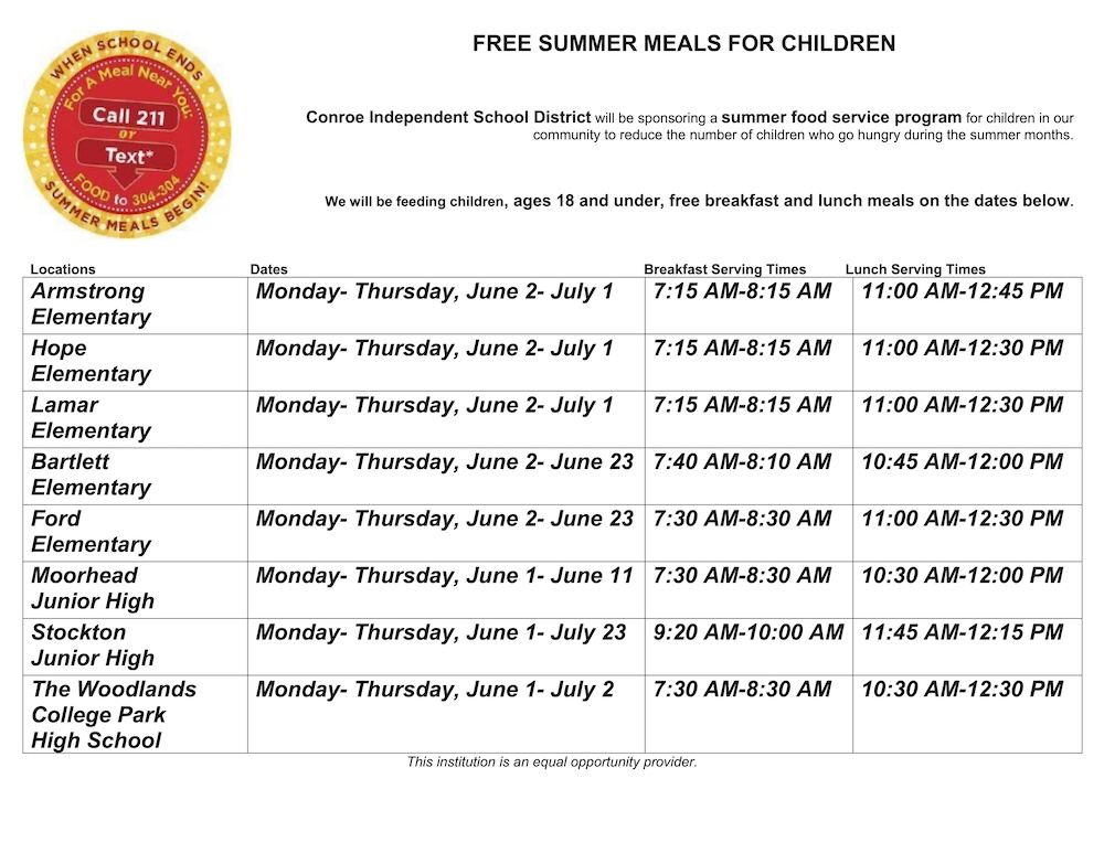 Conroe ISD Announces Free Summer Meals Program