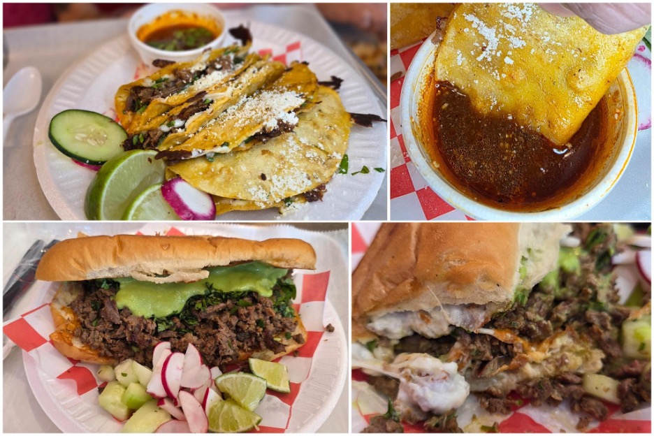 Quesabirrias / Quesabirria Taco being dipped in Consommé / Asada Torta / Asada Torta cross-section close up. Photos by Nick Rama.