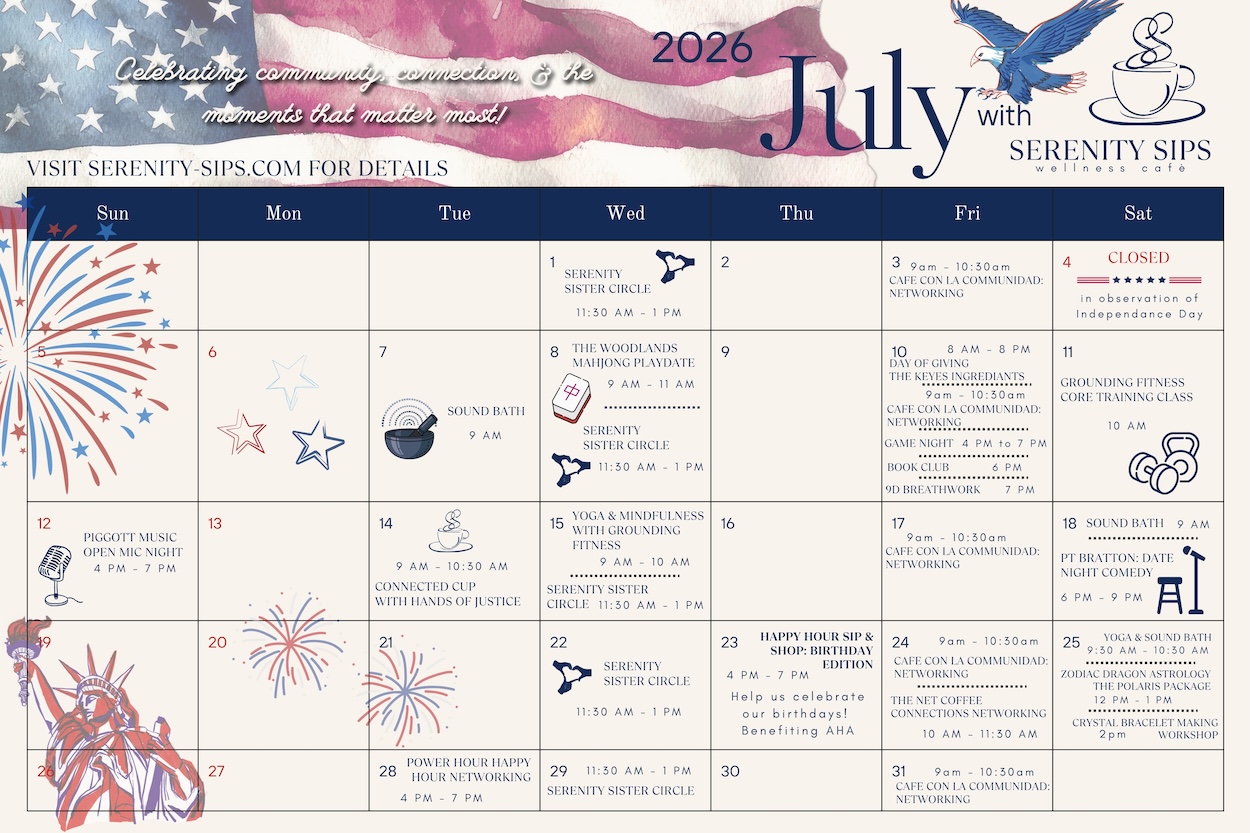 Serenity Sips July Events Calendar