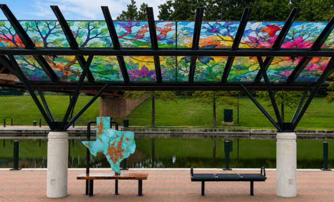 Concept rendering of the proposed Trolley Stop Public Art Project. Image courtesy of The Woodlands Arts Council.