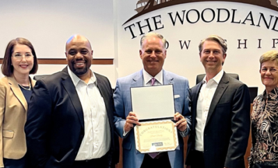 Pictured, left to right, Heather Ramsey with The Woodlands Area Chamber of Commerce, Chamber CEO Aaron Cox, Township Chairman Brad Bailey, Chamber Chairman Justin Kendrick and Past Chairman Julie Ambler.