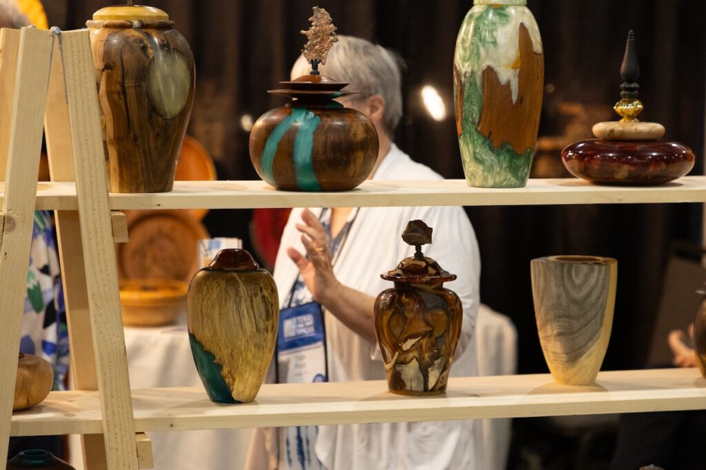 Wood artists Bruce and Trish Pratt's booth at the 2025 Texas Fine Craft Show. (Photo credit: Rod Prado)