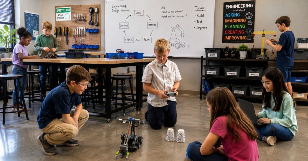 Students engage in hands-on engineering and robotics challenges at Discovery School of Innovation, where they learn through designing, building, testing, and improving real-world solutions.
