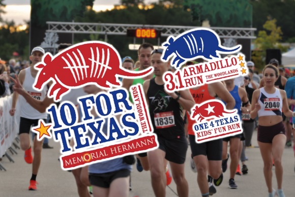 The Memorial Hermann 10 for Texas 10-mile race, 3.1 Armadillo Run 5K, and One 4 Texas Kids' Fun Run through The Woodlands will be held on Saturday, October 10, 2026 at Northshore Park.