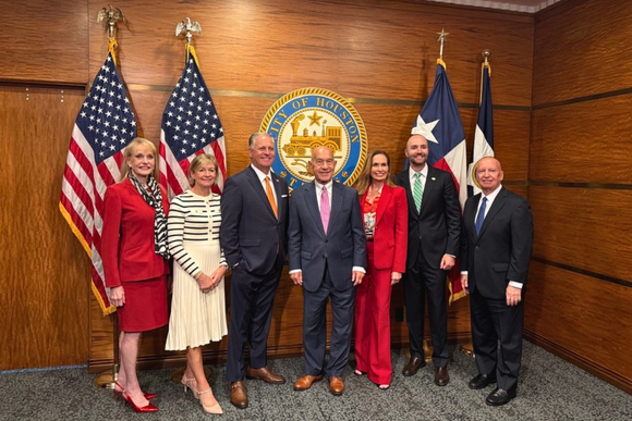 The Woodlands Township and City of Houston celebrated a milestone with the passing of the Third Amendment to the Regional Participation Agreement on September 2, 2026. Pictured left to right, Former Township Chair Nelda Luce Blair, Township Secretary Linda Nelson, Township Chairman Brad Bailey, City of Houston Mayor John Whitmire, Township Director Cindy Heiser, Township Vice Chairman Craig Eissler and former U.S. Congressman Kevin Brady. Township Directors not pictured who also voted in favor of the agreement for The Woodlands are Township Treasurer Richard Franks, Director Dr. Shelley Sekula-Gibbs and Director Adam Lamb.