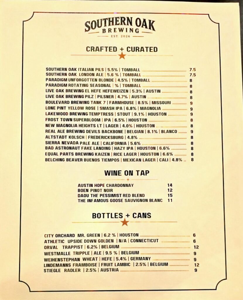 Beer menu at Southern Oak Brewing; more house beers are brewing and to come