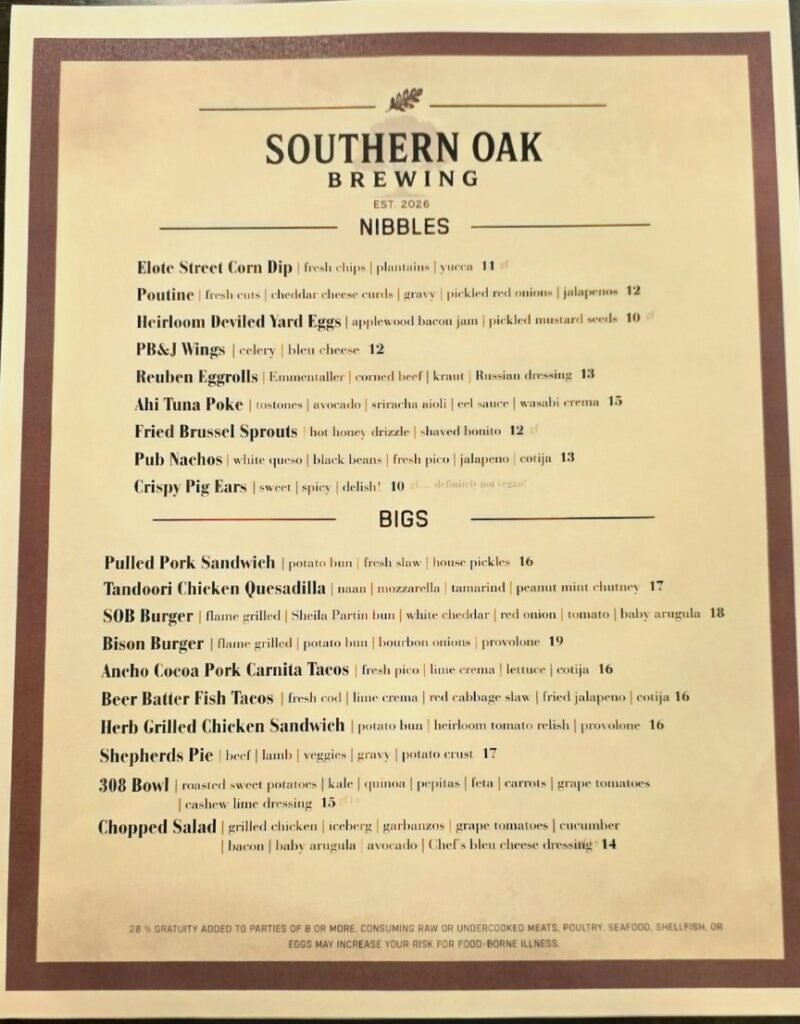 Food Menu- Southern Oak Brewing. Photo by Nick Rama
